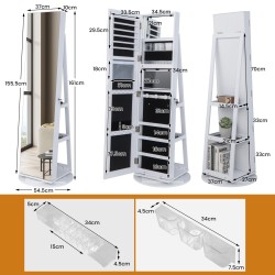 Pyörivä valkoinen korukaappi peilillä ja LED-valoilla