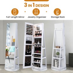 Pyörivä valkoinen korukaappi peilillä ja LED-valoilla