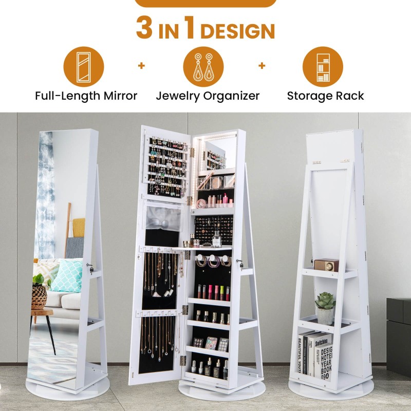 Pyörivä valkoinen korukaappi peilillä ja LED-valoilla