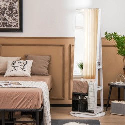 Pyörivä valkoinen korukaappi peilillä ja LED-valoilla