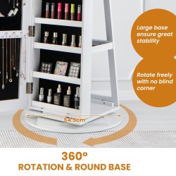 Pyörivä valkoinen korukaappi peilillä ja LED-valoilla