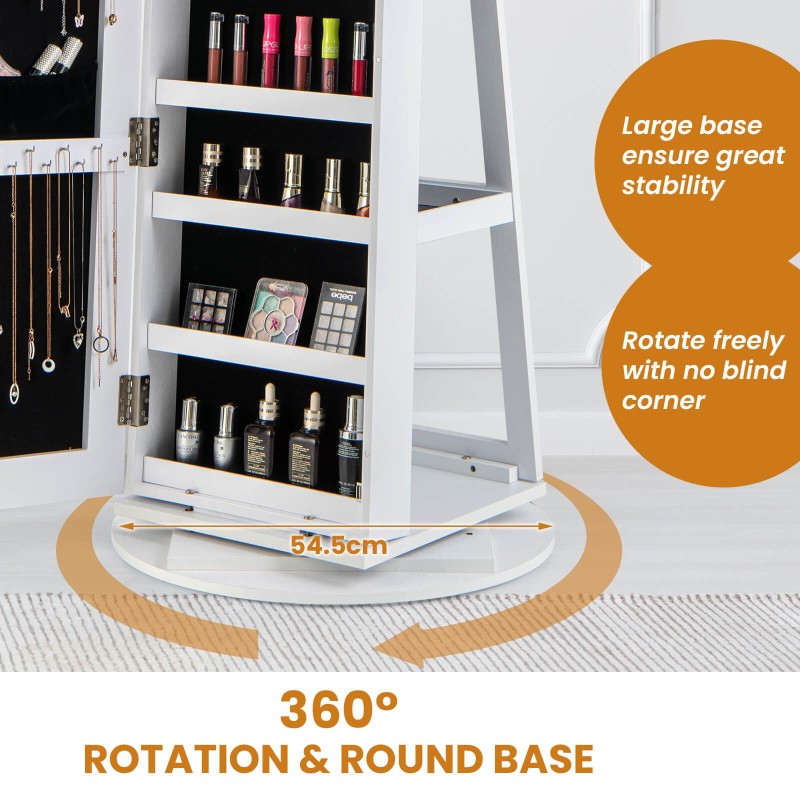 Pyörivä valkoinen korukaappi peilillä ja LED-valoilla