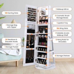 Pyörivä valkoinen korukaappi peilillä ja LED-valoilla