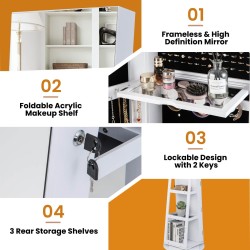 Pyörivä valkoinen korukaappi peilillä ja LED-valoilla