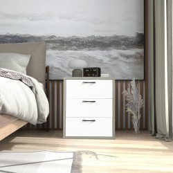 Moderni harmaa yöpöytä kolmella vetolaatikolla puusta