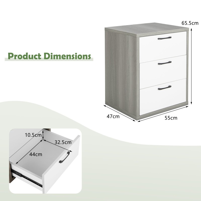 Moderni harmaa yöpöytä kolmella vetolaatikolla puusta