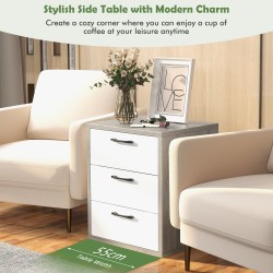 Moderni harmaa yöpöytä kolmella vetolaatikolla puusta