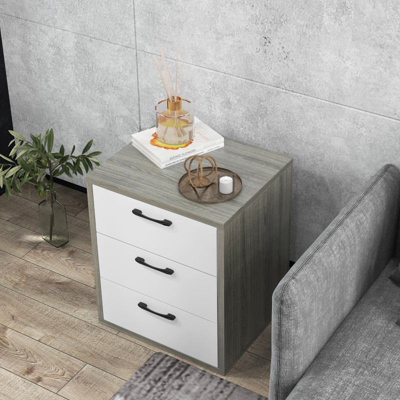 Moderni harmaa yöpöytä kolmella vetolaatikolla puusta