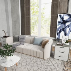 Moderni harmaa yöpöytä kolmella vetolaatikolla puusta