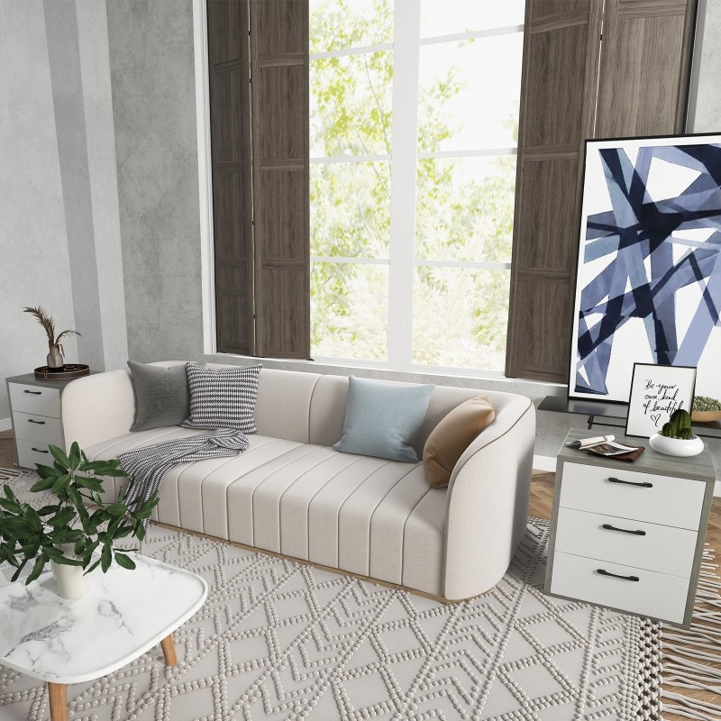 Moderni harmaa yöpöytä kolmella vetolaatikolla puusta