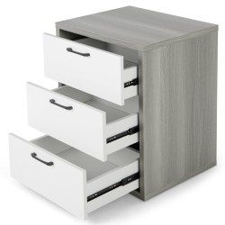 Moderni harmaa yöpöytä kolmella vetolaatikolla puusta