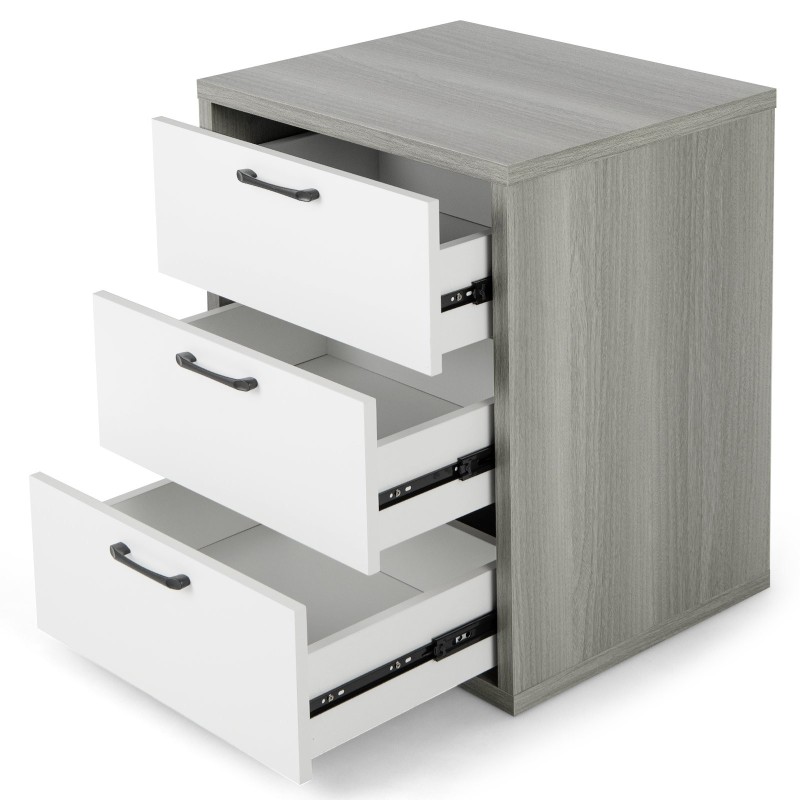 Moderni harmaa yöpöytä kolmella vetolaatikolla puusta