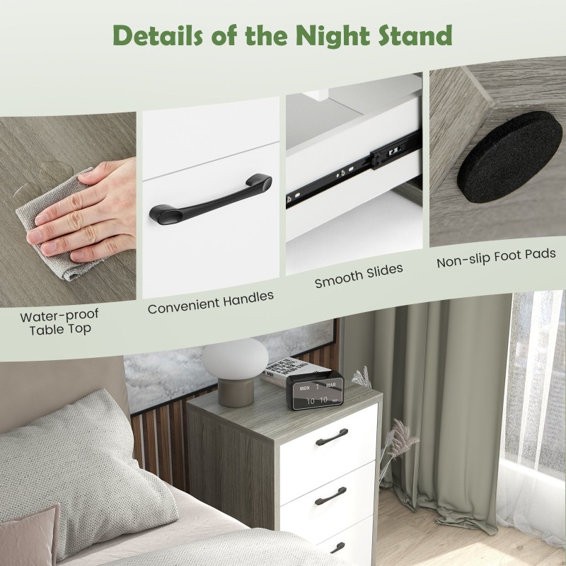 Moderni harmaa yöpöytä kolmella vetolaatikolla puusta