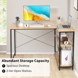 L-muotoinen kulmatietokonepöytä säädettävällä hyllyllä luonnonväri