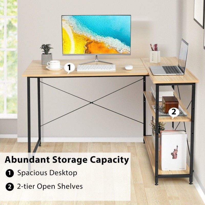 L-muotoinen kulmatietokonepöytä säädettävällä hyllyllä luonnonväri