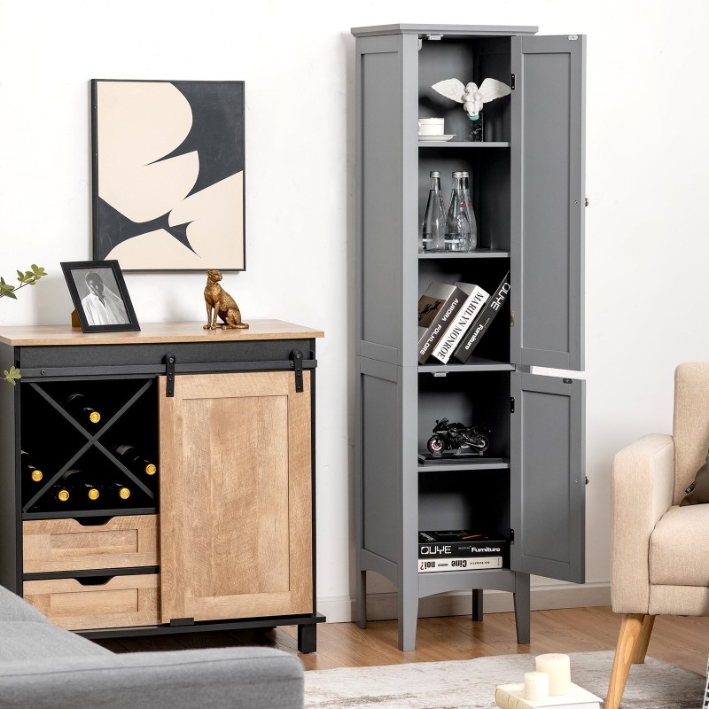 Kapea harmaa kylpyhuonekaappi, 5 hyllytasoa, MDF-materiaali Kapea harmaa kylpyhuonekaappi, 5 hyllytasoa, MDF-materiaali