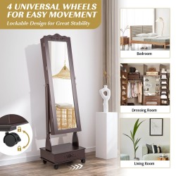 Lukittava ruskea korukaappi kokovartalopeilillä ja LED-valoilla