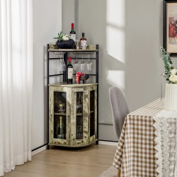 Rustiikkinen ruskea viinikaappi nurkkamalli lasipidikkeillä ja säilytystilalla