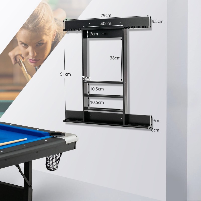 Seinään kiinnitettävä musta biljardikeppiteline männystä