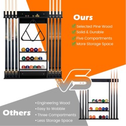 Seinään kiinnitettävä musta biljardikeppiteline männystä