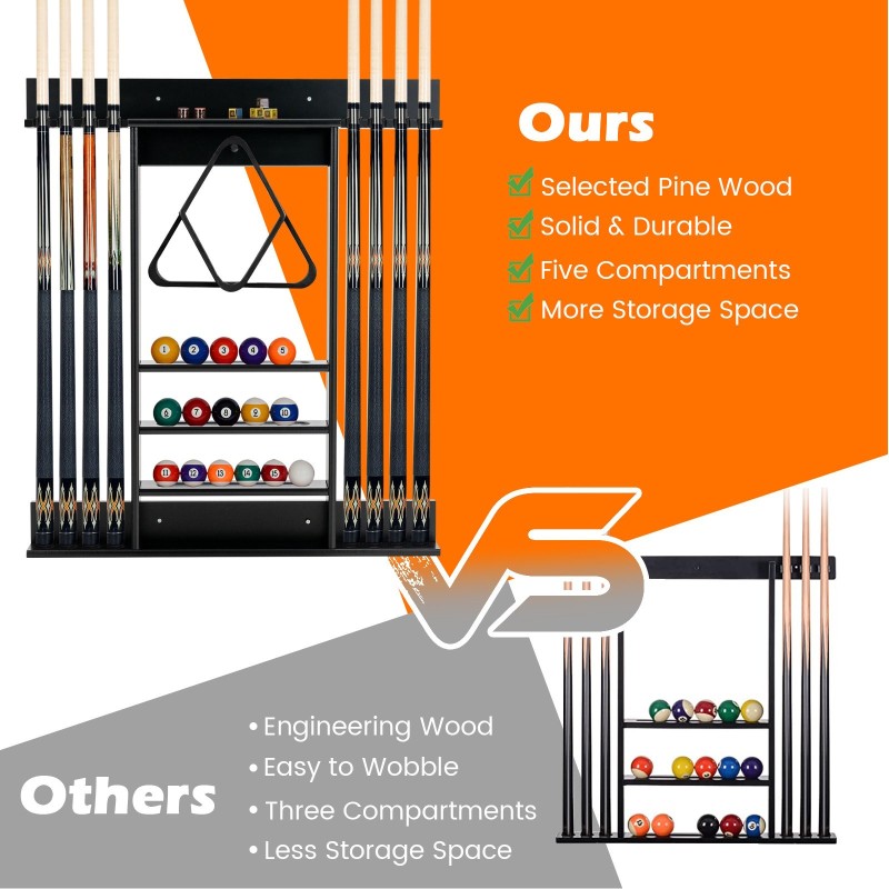 Seinään kiinnitettävä musta biljardikeppiteline männystä