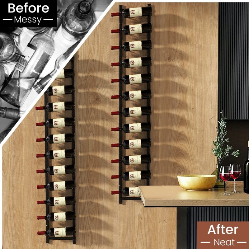 Seinään kiinnitettävä musta metallinen viinipulloteline 12 pullolle