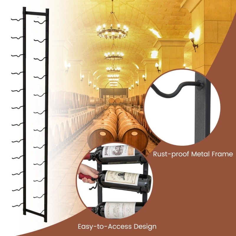 Seinään kiinnitettävä musta metallinen viinipulloteline 12 pullolle