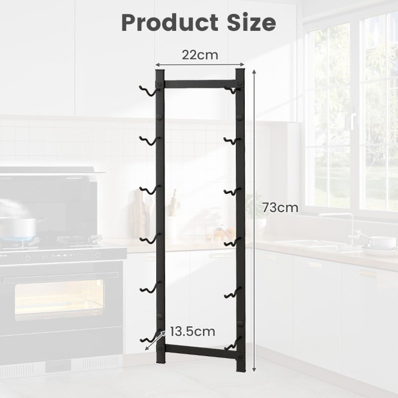 Seinään kiinnitettävä musta metallinen viinipulloteline 6 pullolle