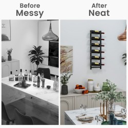 Seinään kiinnitettävä musta metallinen viinipulloteline 6 pullolle