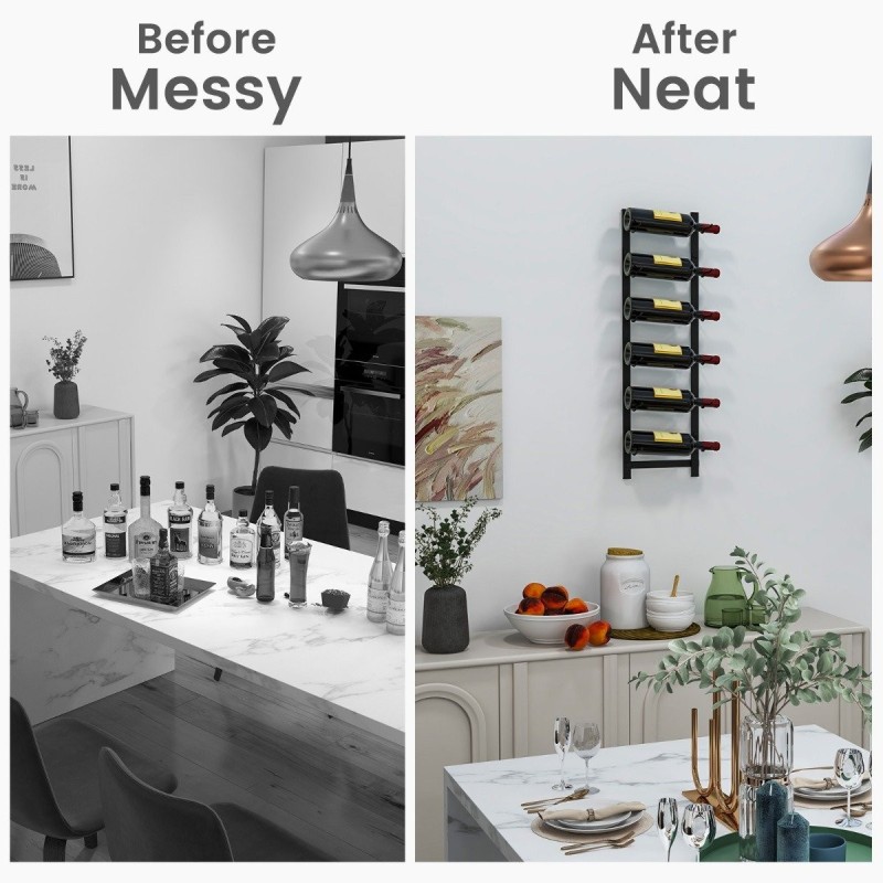 Seinään kiinnitettävä musta metallinen viinipulloteline 6 pullolle