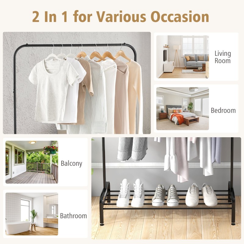 Monikäyttöinen musta vaate- ja säilytysteline säilytyshyllyllä