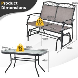 Kahden hengen ruskea puutarhakeinu metallirungolla ja pöydällä