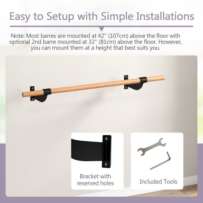 Seinään kiinnitettävä musta pyökkipuinen balettitanko 120 cm