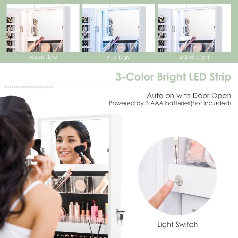 Valkoinen korukaappi kokovartalopeilillä ja LED-valoilla