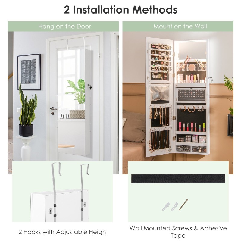 Valkoinen korukaappi kokovartalopeilillä ja LED-valoilla