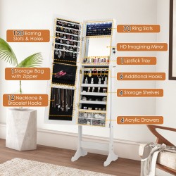 Valkoinen säädettävä korukaappi peilillä ja LED-valoilla