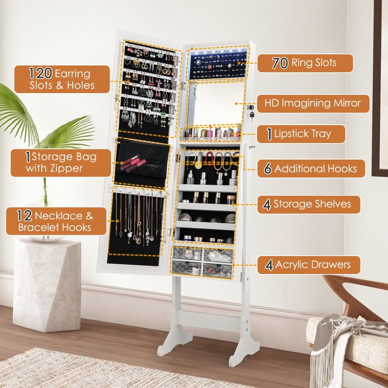 Valkoinen säädettävä korukaappi peilillä ja LED-valoilla