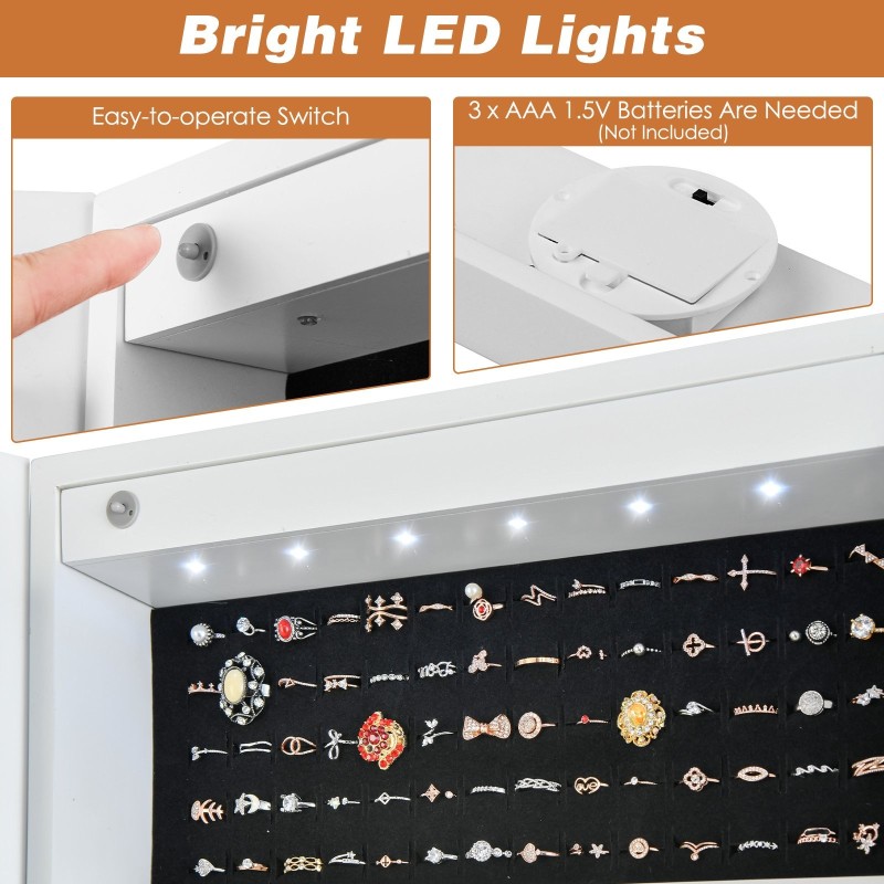 Valkoinen säädettävä korukaappi peilillä ja LED-valoilla