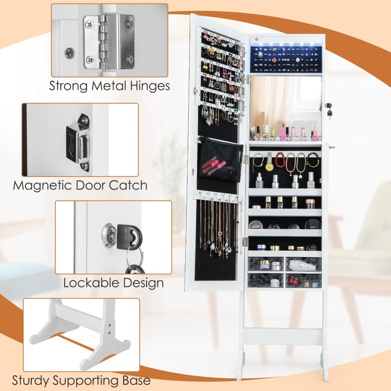 Valkoinen säädettävä korukaappi peilillä ja LED-valoilla