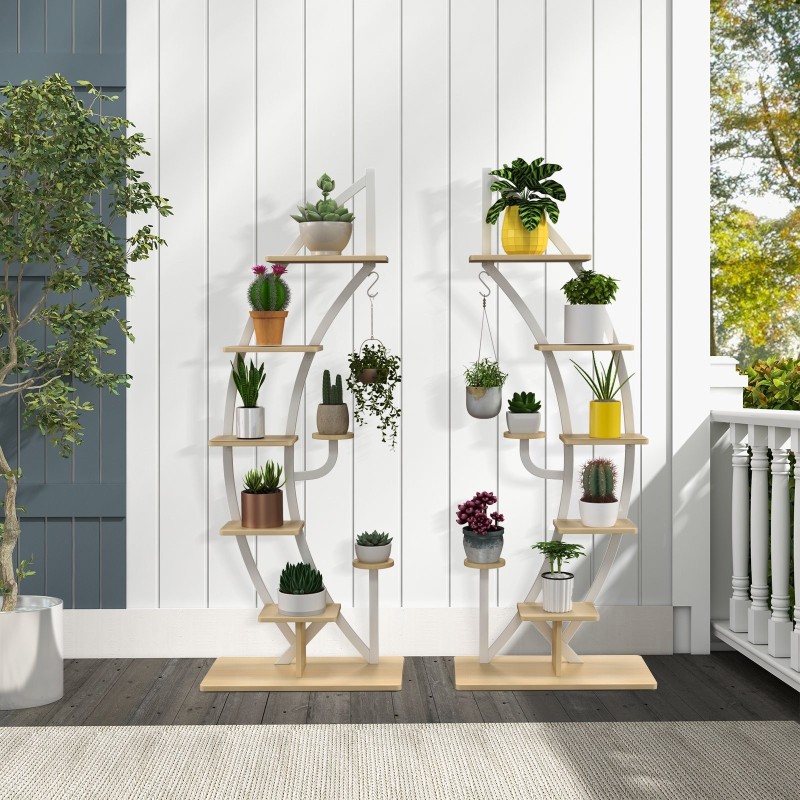 Valkoinen 8-tasoinen kaareva puinen kasviteline koukulla