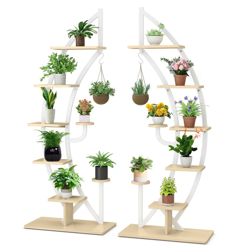 Valkoinen 8-tasoinen kaareva puinen kasviteline koukulla