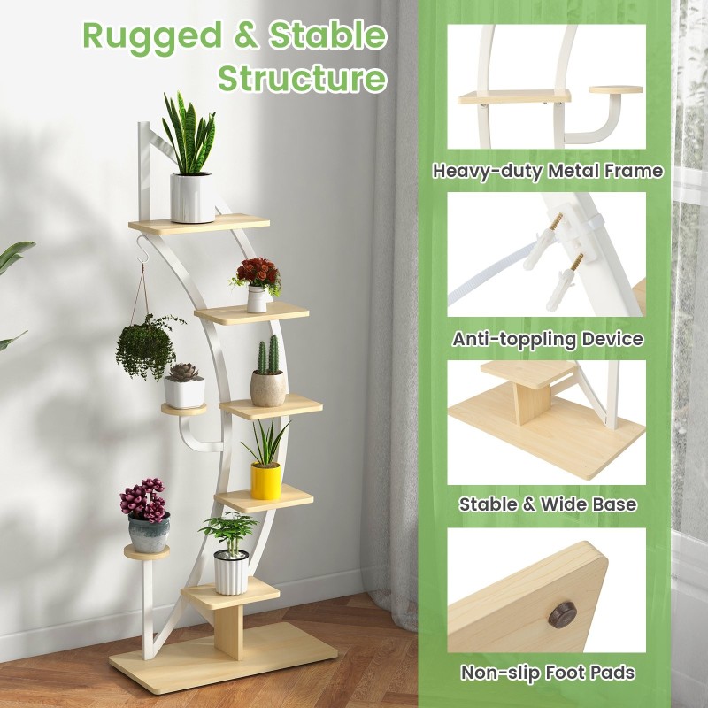 Valkoinen 8-tasoinen kaareva puinen kasviteline koukulla