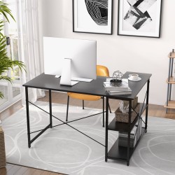 L-muotoinen musta tietokonepöytä säädettävällä kirjahyllyllä