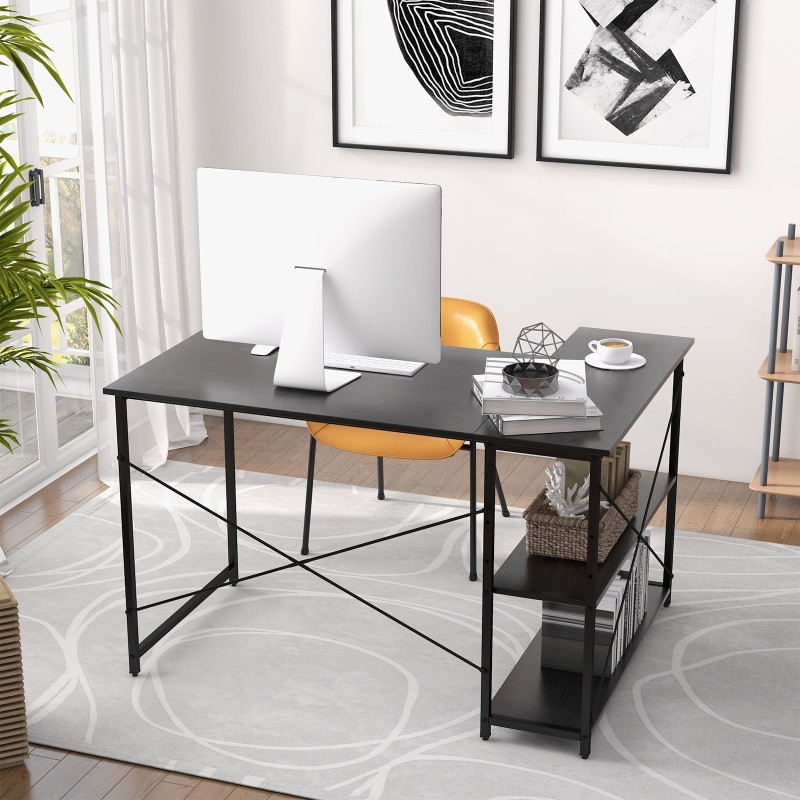 L-muotoinen musta tietokonepöytä säädettävällä kirjahyllyllä