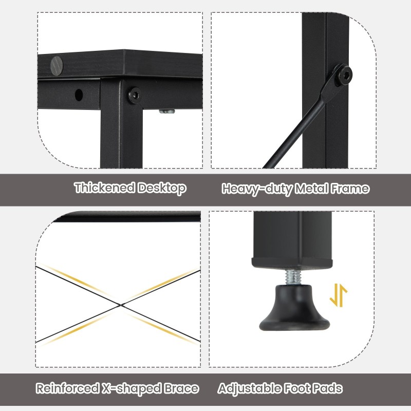 L-muotoinen musta tietokonepöytä säädettävällä kirjahyllyllä