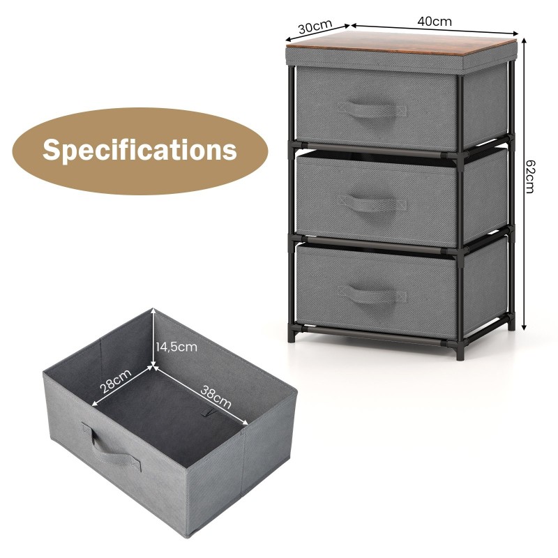 Kankainen säilytyskaluste harmaa, 3 laatikkoa, irrotettava kansi