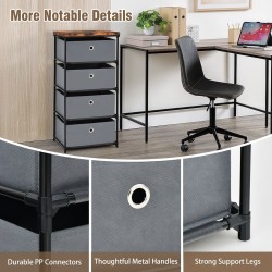 Nelitasoinen harmaa kangaslipasto metallirungolla ja laatikoilla