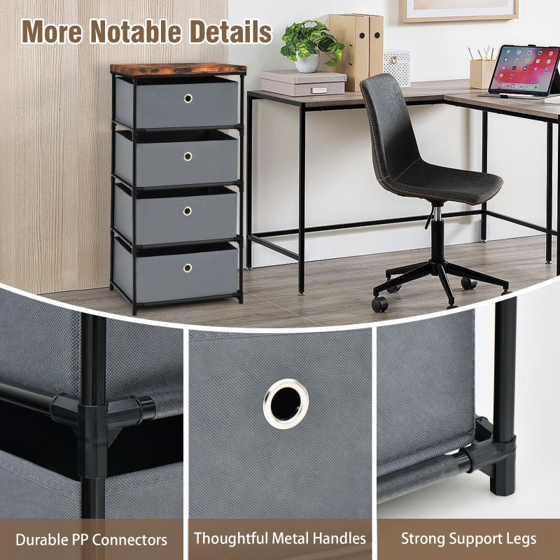 Nelitasoinen harmaa kangaslipasto metallirungolla ja laatikoilla