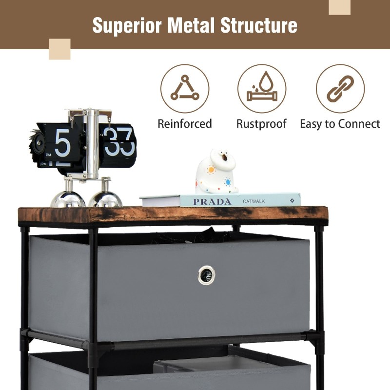 Nelitasoinen harmaa kangaslipasto metallirungolla ja laatikoilla