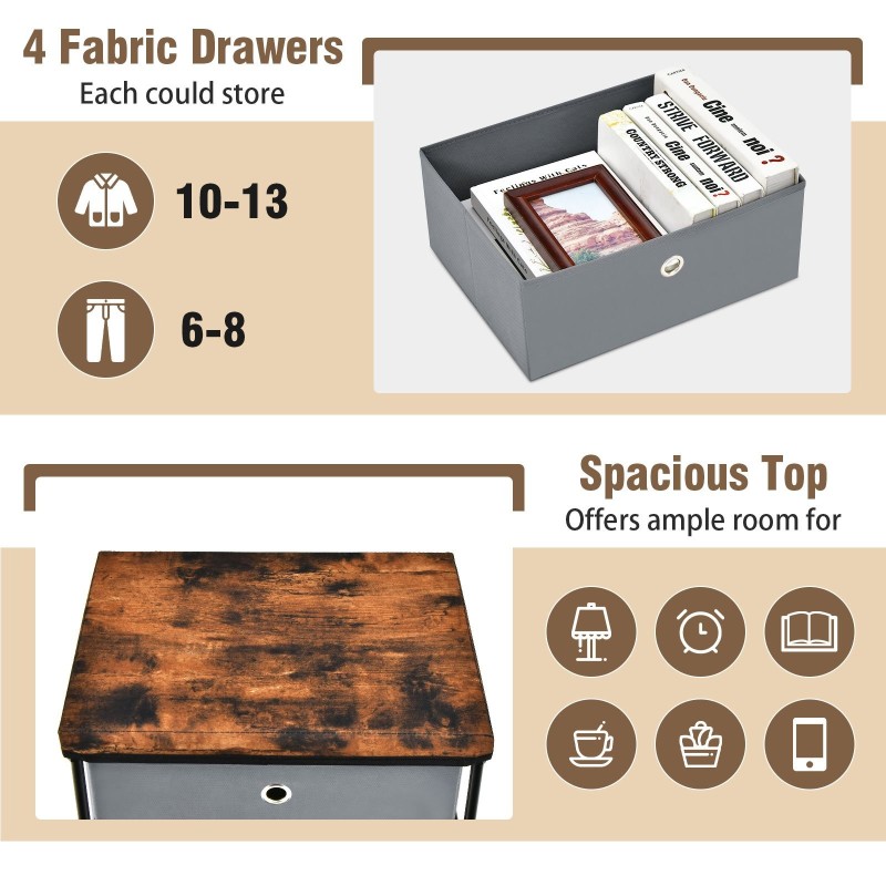 Nelitasoinen harmaa kangaslipasto metallirungolla ja laatikoilla